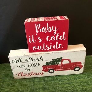 Two Wooden Christmas Holiday Winter Decor Blocks